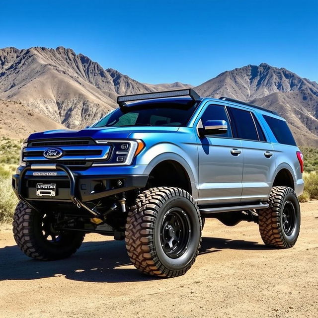 A blue silver Ford Expedition off-road truck with a rally kit, featuring oversized 33-inch tires, robust suspension, and aggressive styling