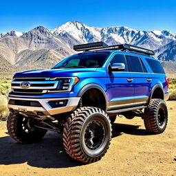 A blue silver Ford Expedition off-road truck with a rally kit, featuring oversized 33-inch tires, robust suspension, and aggressive styling