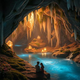 A romantic scene inside a beautiful cave adorned with glowing crystals and shimmering stalactites