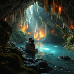 A romantic scene inside a beautiful cave adorned with glowing crystals and shimmering stalactites