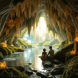 A romantic scene inside a beautiful cave adorned with glowing crystals and shimmering stalactites