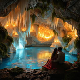 A romantic scene inside a beautiful cave adorned with glowing crystals and shimmering stalactites