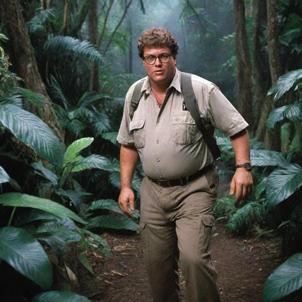 Intensify the suspense by detailing a sudden movement in the dense jungle foliage behind Dennis Nedry, who turns around in shock. His wide-eyed surprise underlines the unpredictable danger lurking around every corner of Jurassic Park on Isla Nublar.