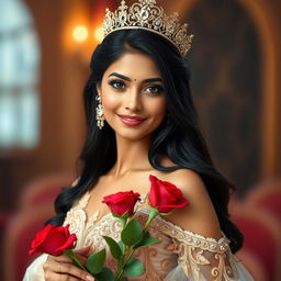 A beautiful and realistic woman with long black hair and Indian features, wearing an elegant princess dress adorned with intricate details