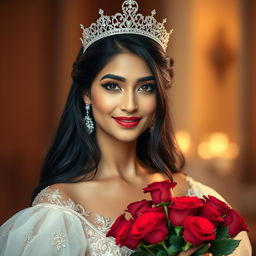 A beautiful and realistic woman with long black hair and Indian features, wearing an elegant princess dress adorned with intricate details