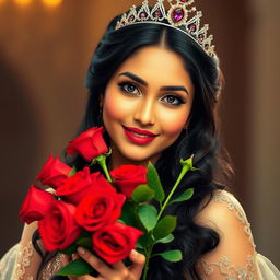 A beautiful and realistic woman with long black hair and Indian features, wearing an elegant princess dress adorned with intricate details