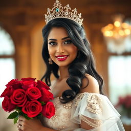 A beautiful and realistic woman with long black hair and Indian features, wearing an elegant princess dress adorned with intricate details