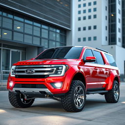 A bright red and silver Ford Expedition truck with a futuristic body kit, showcasing sleek aerodynamic lines and an aggressive stance