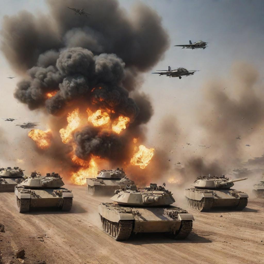 An intense battle scene featuring tanks on the ground engaging with airplanes swooping in from the sky. Explosions, dust, and flames mid-riot amidst the armored vehicles and the aerobatic fighters.