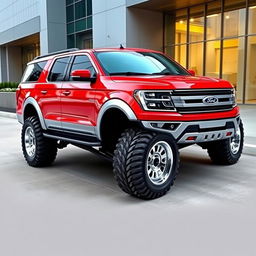 A bright red and silver Ford Expedition truck with a futuristic body kit, showcasing sleek aerodynamic lines and an aggressive stance