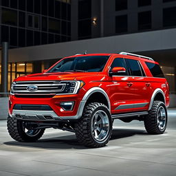 A bright red and silver Ford Expedition truck with a futuristic body kit, showcasing sleek aerodynamic lines and an aggressive stance