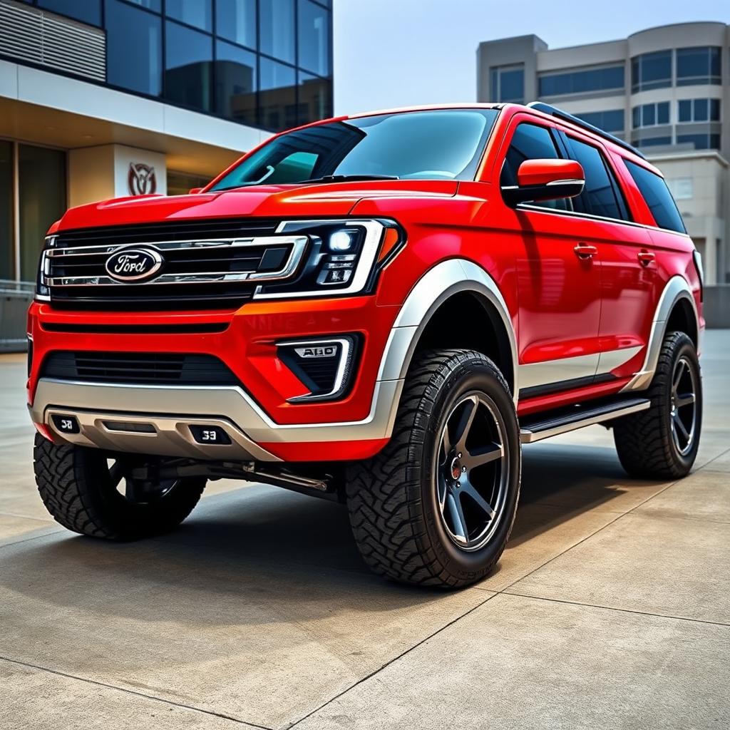 A bright red and silver Ford Expedition truck with a futuristic body kit, showcasing sleek aerodynamic lines and an aggressive stance