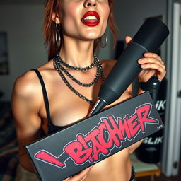 A close-up torso shot of a sexy redhead woman wearing a tank top, adorned with punk-style chains