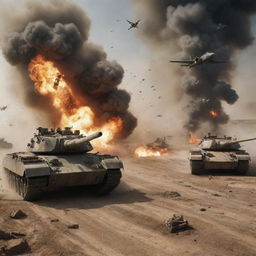 An intense battle scene featuring tanks on the ground engaging with airplanes swooping in from the sky. Explosions, dust, and flames mid-riot amidst the armored vehicles and the aerobatic fighters.