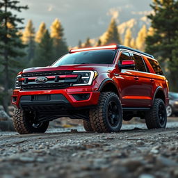 A metallic red Ford Expedition truck equipped with a futuristic body kit and large 33-inch tires