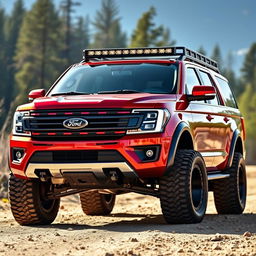 A metallic red Ford Expedition truck equipped with a futuristic body kit and large 33-inch tires