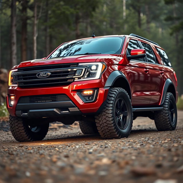 A metallic red Ford Expedition truck equipped with a futuristic body kit and large 33-inch tires