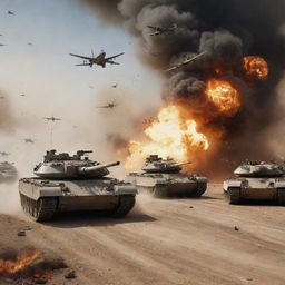 An intense battle scene featuring tanks on the ground engaging with airplanes swooping in from the sky. Explosions, dust, and flames mid-riot amidst the armored vehicles and the aerobatic fighters.