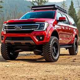 A metallic red Ford Expedition truck equipped with a futuristic body kit and large 33-inch tires