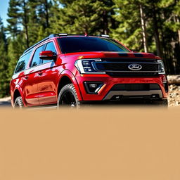 A metallic red Ford Expedition truck featuring a Shelby body kit, equipped with large 33-inch tires and stylish 'exploradoras' off-road lights