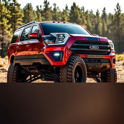 A metallic red Ford Expedition truck featuring a Shelby body kit, equipped with large 33-inch tires and stylish 'exploradoras' off-road lights