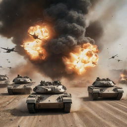 An intense battle scene featuring tanks on the ground engaging with airplanes swooping in from the sky. Explosions, dust, and flames mid-riot amidst the armored vehicles and the aerobatic fighters.