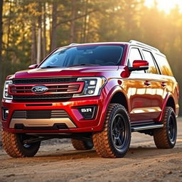 A metallic red Ford Expedition truck featuring a Shelby body kit, equipped with large 33-inch tires and stylish 'exploradoras' off-road lights