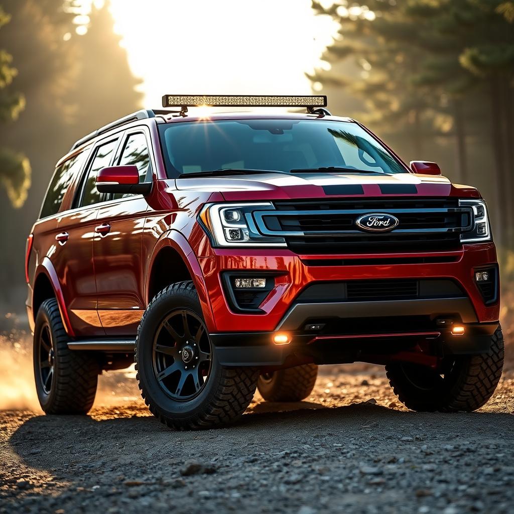 A metallic red Ford Expedition truck featuring a Shelby body kit, equipped with large 33-inch tires and stylish 'exploradoras' off-road lights