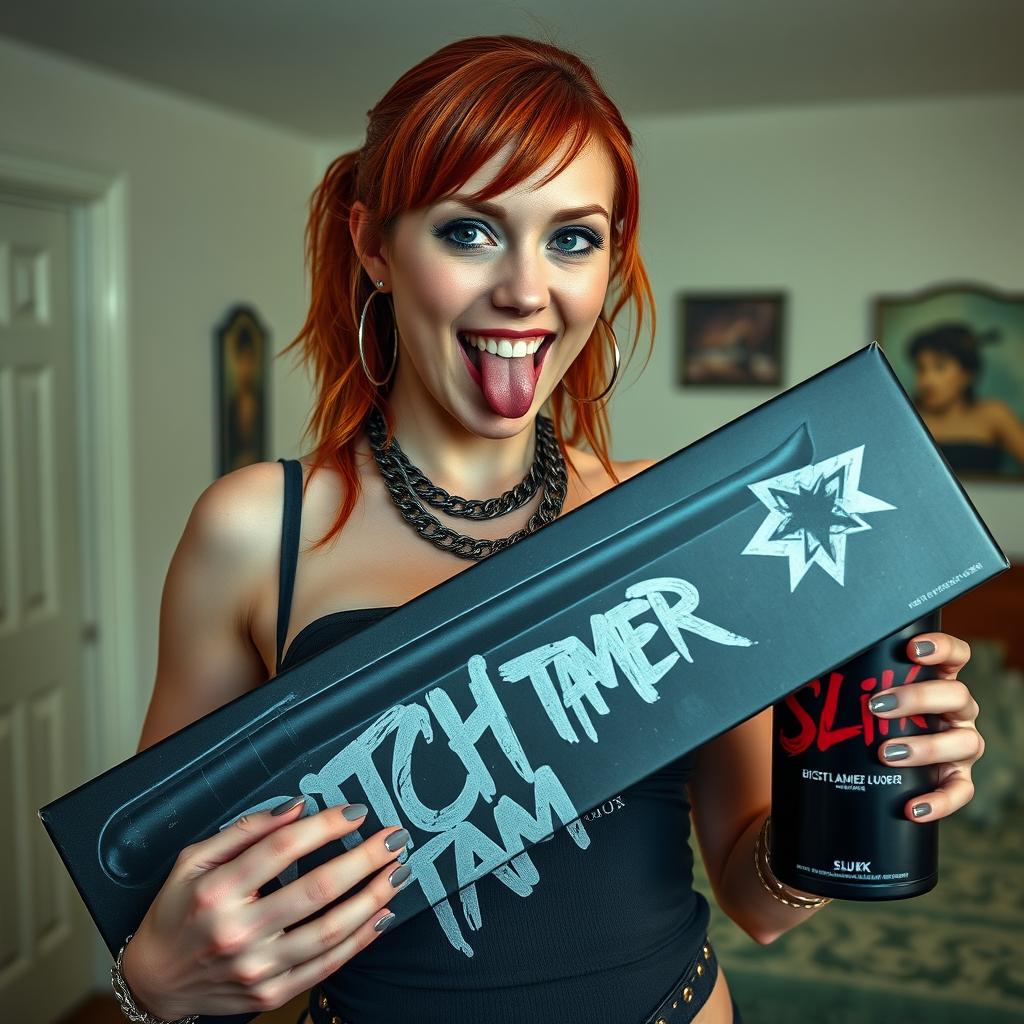 Close-up shot of a sexy female redhead with a large chest wearing a fitted tank top adorned with punk chains