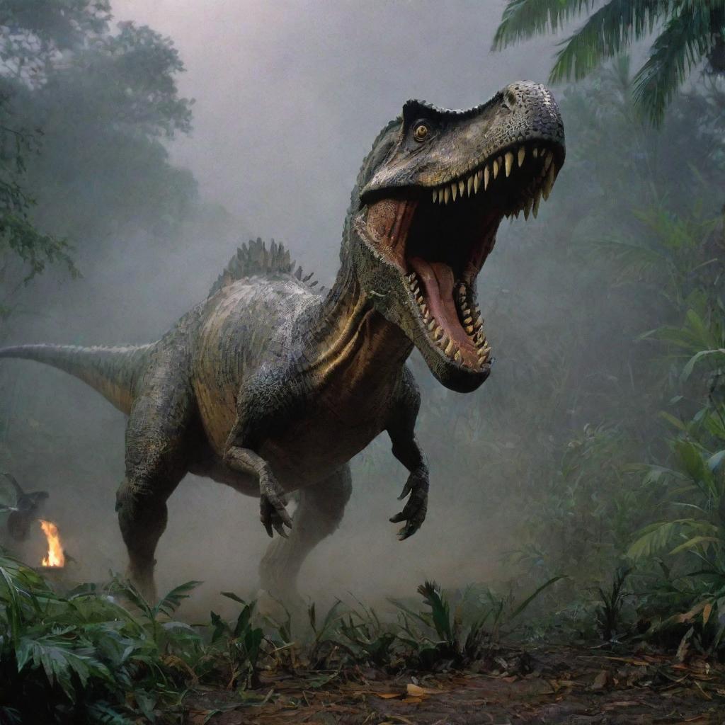 Capture a terrifying moment as a fierce Spinosaurus lunges out from the jungle foliage, attacking an unsuspecting Dennis Nedry. His shock and pain is palpable against the backdrop of the chaotic, stormy night on Isla Nublar's Jurassic Park.