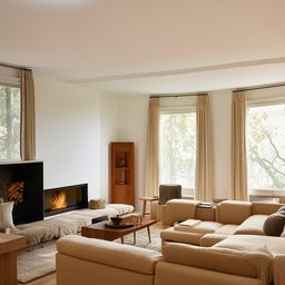 A rectangular living room where a TV unit confronts an L-shaped couch. The room showcases corner windows adjacent to a cozy fireplace, welcoming in plentiful natural light. A large, plush chair is present nearby the warmth.