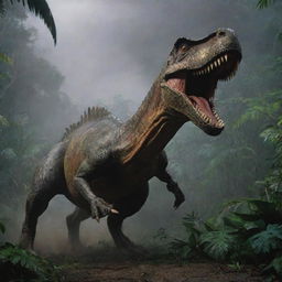 Capture a terrifying moment as a fierce Spinosaurus lunges out from the jungle foliage, attacking an unsuspecting Dennis Nedry. His shock and pain is palpable against the backdrop of the chaotic, stormy night on Isla Nublar's Jurassic Park.