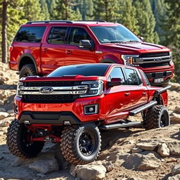 A metallic red Ford Expedition truck featuring a TRX body kit inspired by the Ram design