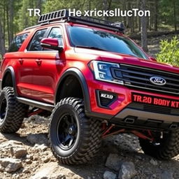 A metallic red Ford Expedition truck featuring a TRX body kit inspired by the Ram design