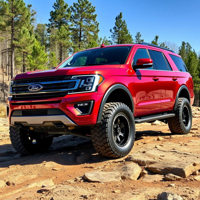 A metallic red Ford Expedition truck featuring a TRX body kit inspired by the Ram design