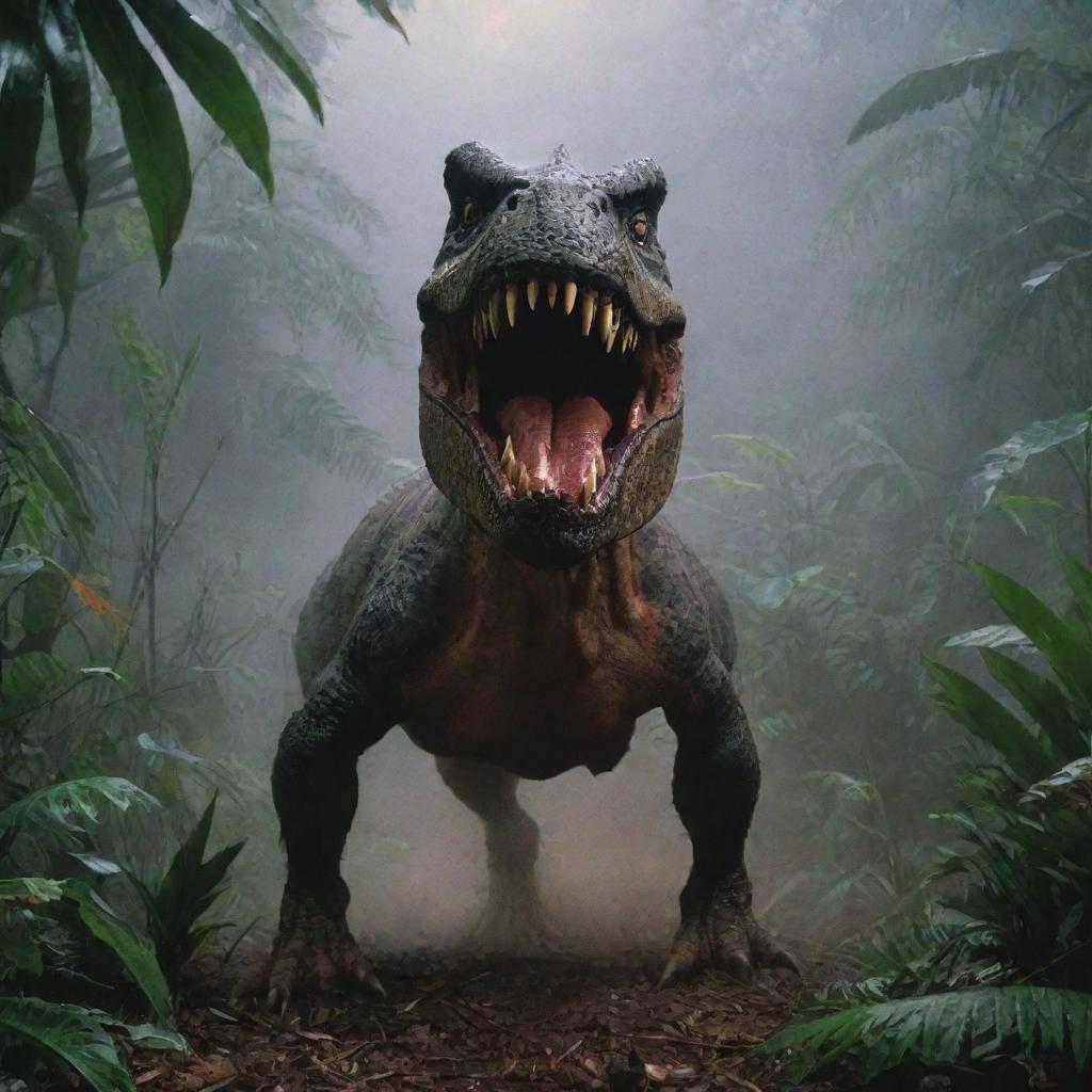 Capture a terrifying moment as a fierce Spinosaurus lunges out from the jungle foliage, attacking an unsuspecting Dennis Nedry. His shock and pain is palpable against the backdrop of the chaotic, stormy night on Isla Nublar's Jurassic Park.