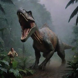 Capture a terrifying moment as a fierce Spinosaurus lunges out from the jungle foliage, attacking an unsuspecting Dennis Nedry. His shock and pain is palpable against the backdrop of the chaotic, stormy night on Isla Nublar's Jurassic Park.