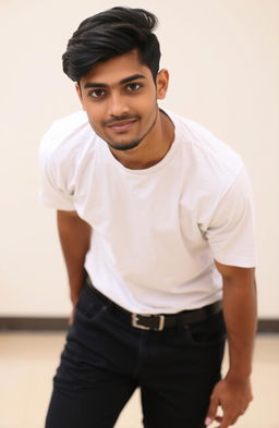 A handsome Indian man featuring attractive facial features, wearing a crisp white t-shirt and stylish black jeans