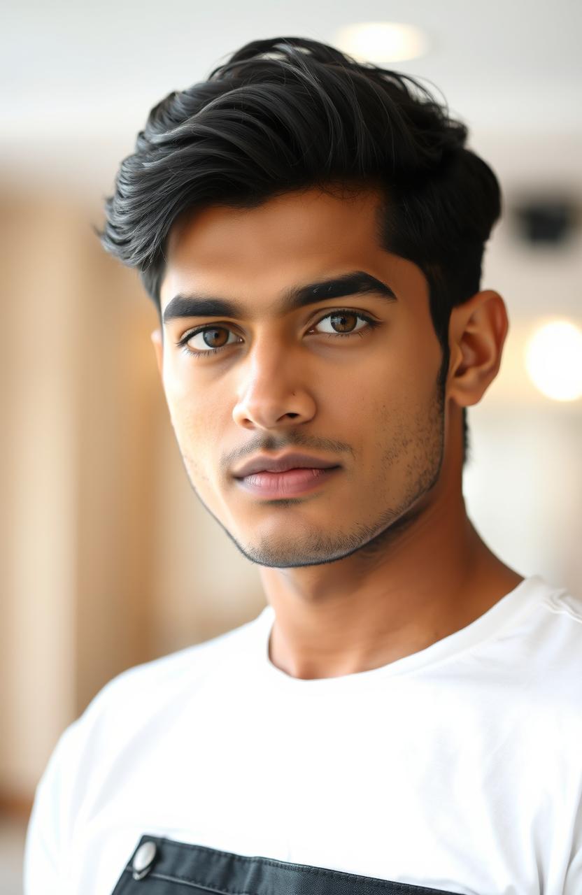 A handsome Indian man featuring attractive facial features, wearing a crisp white t-shirt and stylish black jeans