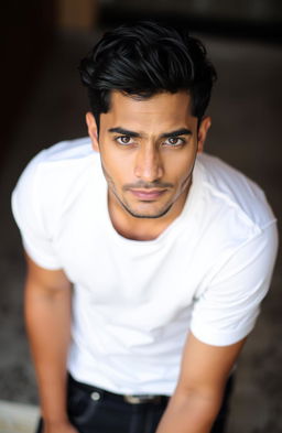 A handsome Indian man featuring attractive facial features, wearing a crisp white t-shirt and stylish black jeans