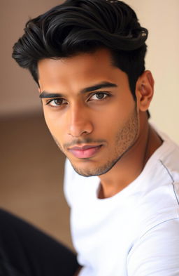 A handsome Indian man featuring attractive facial features, wearing a crisp white t-shirt and stylish black jeans