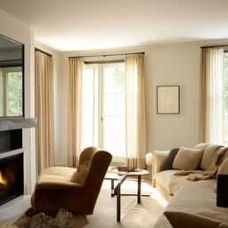 A rectangular living room where a TV unit confronts an L-shaped couch. The room showcases corner windows adjacent to a cozy fireplace, welcoming in plentiful natural light. A large, plush chair is present nearby the warmth.