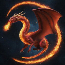 A majestic fire dragon soaring through the cosmos, gripping a glowing celestial stick in its talons.