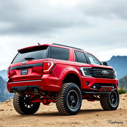 A stunning red metallic Ford Expedition Tremor, featuring an extreme body kit that enhances its rugged appearance