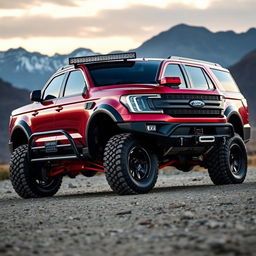 A stunning red metallic Ford Expedition Tremor, featuring an extreme body kit that enhances its rugged appearance