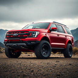 A stunning red metallic Ford Expedition Tremor, featuring an extreme body kit that enhances its rugged appearance