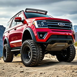 A stunning red metallic Ford Expedition Tremor, featuring an extreme body kit that enhances its rugged appearance