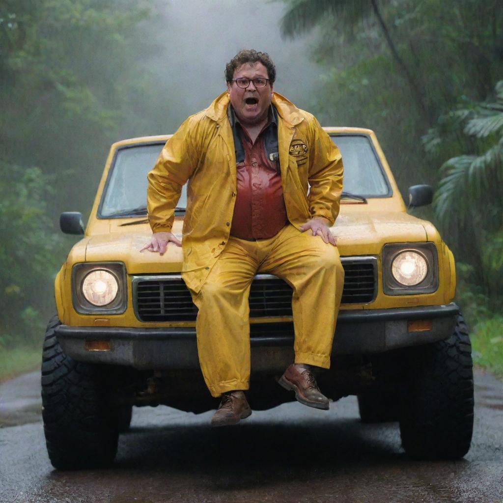 Capture a frantic Dennis Nedry, clad in his standout yellow rain jacket, clambering back into his Jurassic Park vehicle. With adrenaline pumping, he hits the gas and speeds off, blinding rain and darkness surrounding him on all sides.