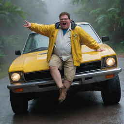 Capture a frantic Dennis Nedry, clad in his standout yellow rain jacket, clambering back into his Jurassic Park vehicle. With adrenaline pumping, he hits the gas and speeds off, blinding rain and darkness surrounding him on all sides.