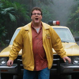 Capture a frantic Dennis Nedry, clad in his standout yellow rain jacket, clambering back into his Jurassic Park vehicle. With adrenaline pumping, he hits the gas and speeds off, blinding rain and darkness surrounding him on all sides.